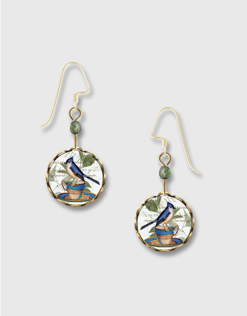 Blue Jay Tea Cup Lace Brass Round Disc Earrings Lemon Tree 14K GF Hook Handmade
