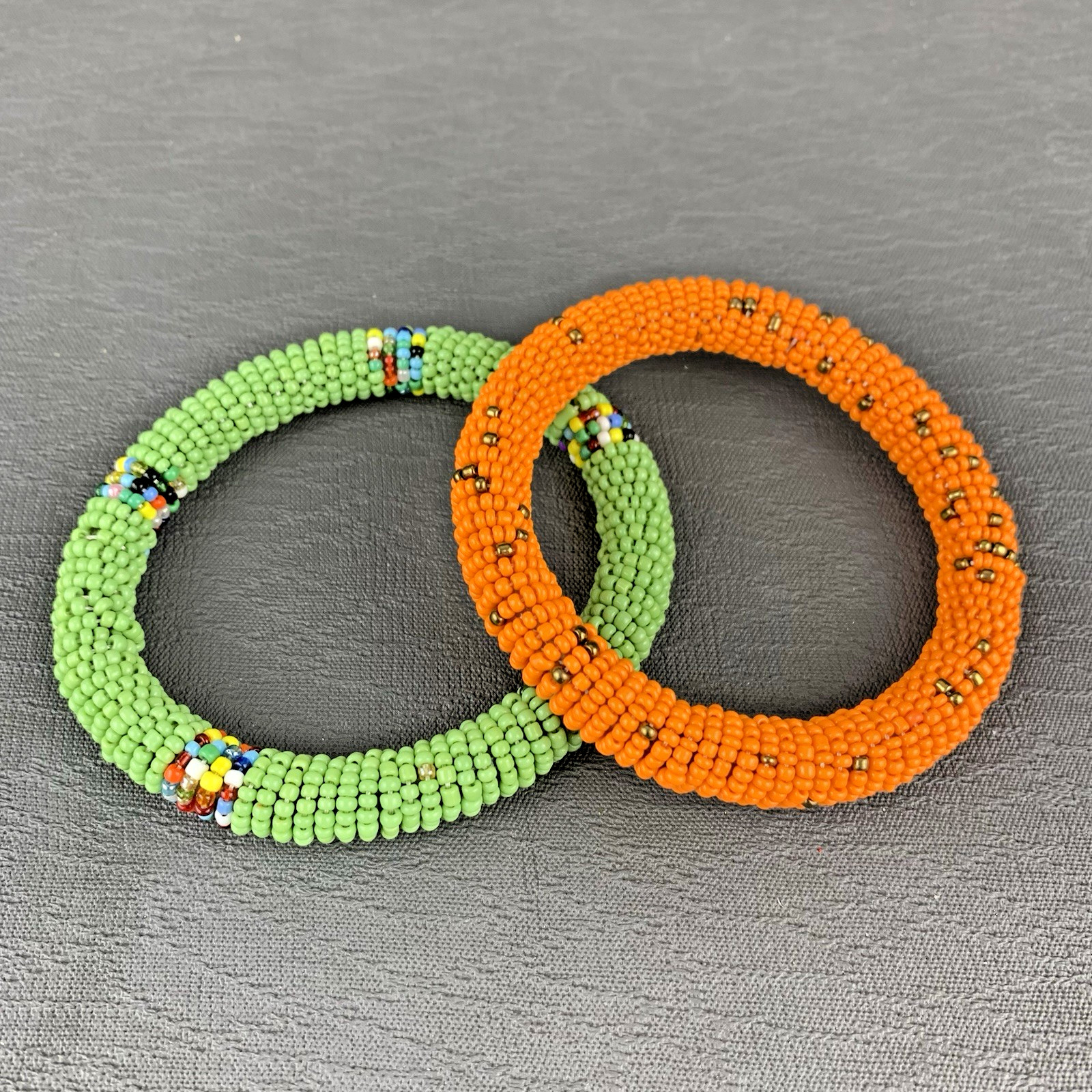 Pair of Maasai Beaded Bangle 3″ Wide Bracelets Orange and Green Kenya Africa