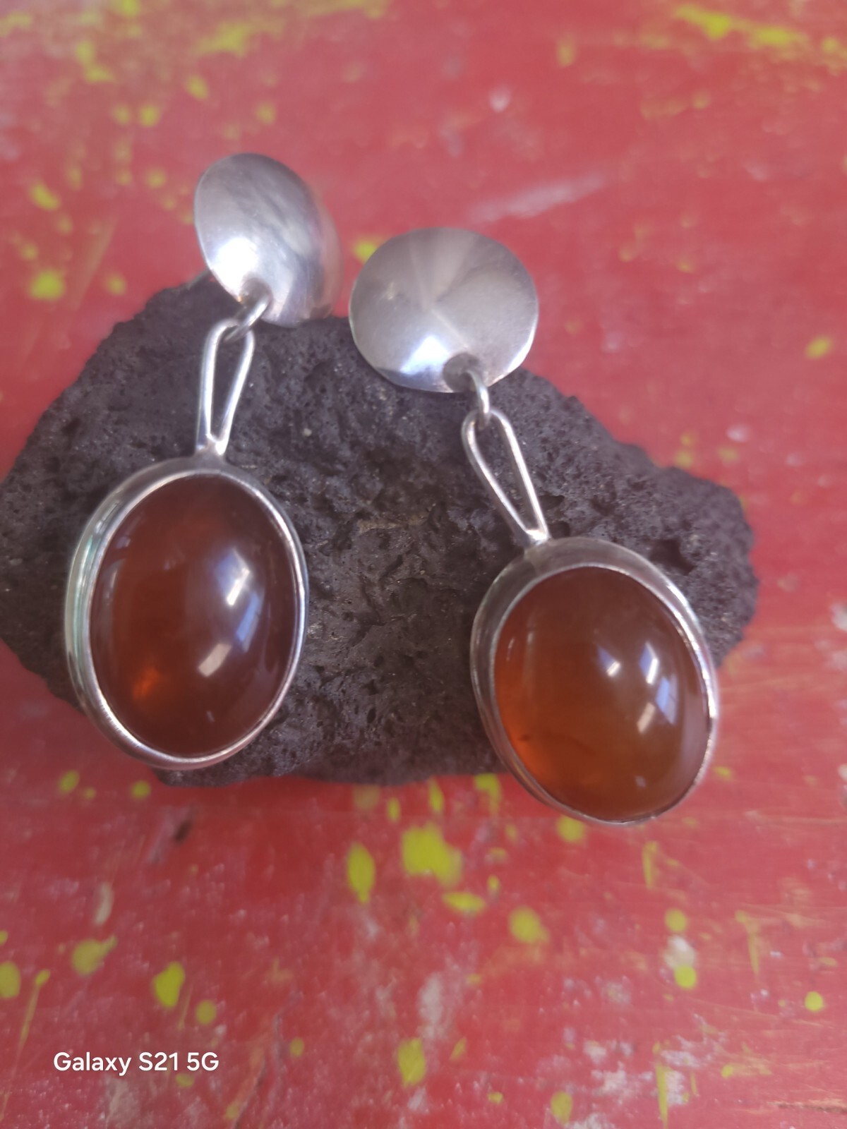 Susan Cummings 2″ Pierced Earrings Modern Silver & Amber McClure’s Nashville Tn