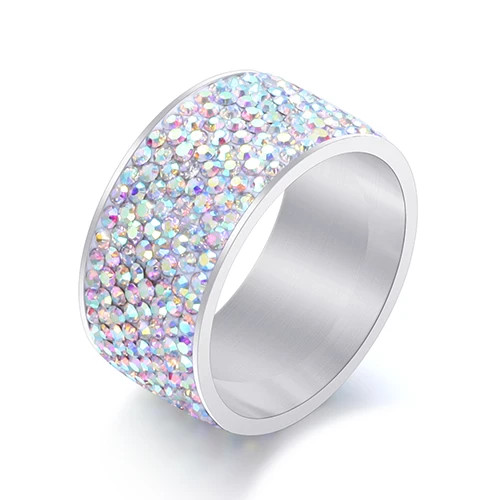 Crystal Pave Ring 8 Row Stainless Steel Gold Plated Wide Band Women Jewelry