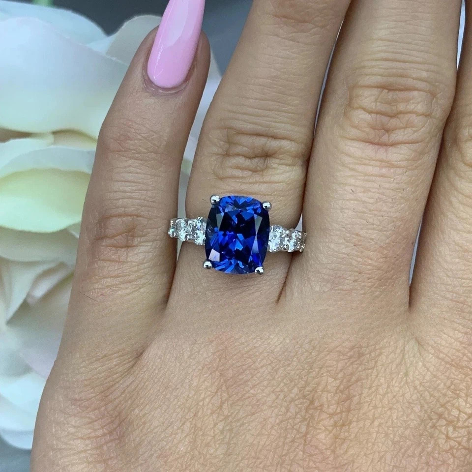 6.50 Ct Cushion Cut Natural Blue Sapphire Diamond Ring 14K White Gold Size 6 7 8
