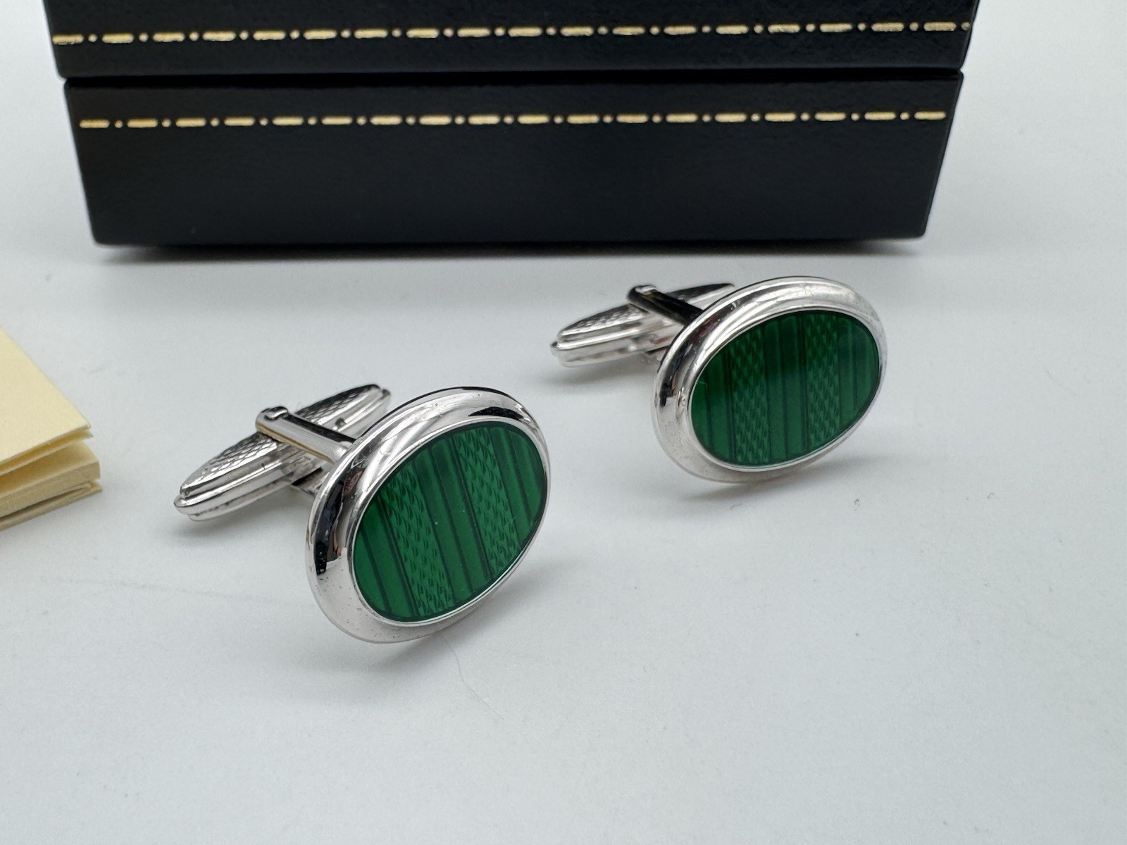 DUNHILL 925 SILVER GUILLOCHE GREEN ENAMEL CUFFLINKS MINT 100% GENUINE ~$550 RARE