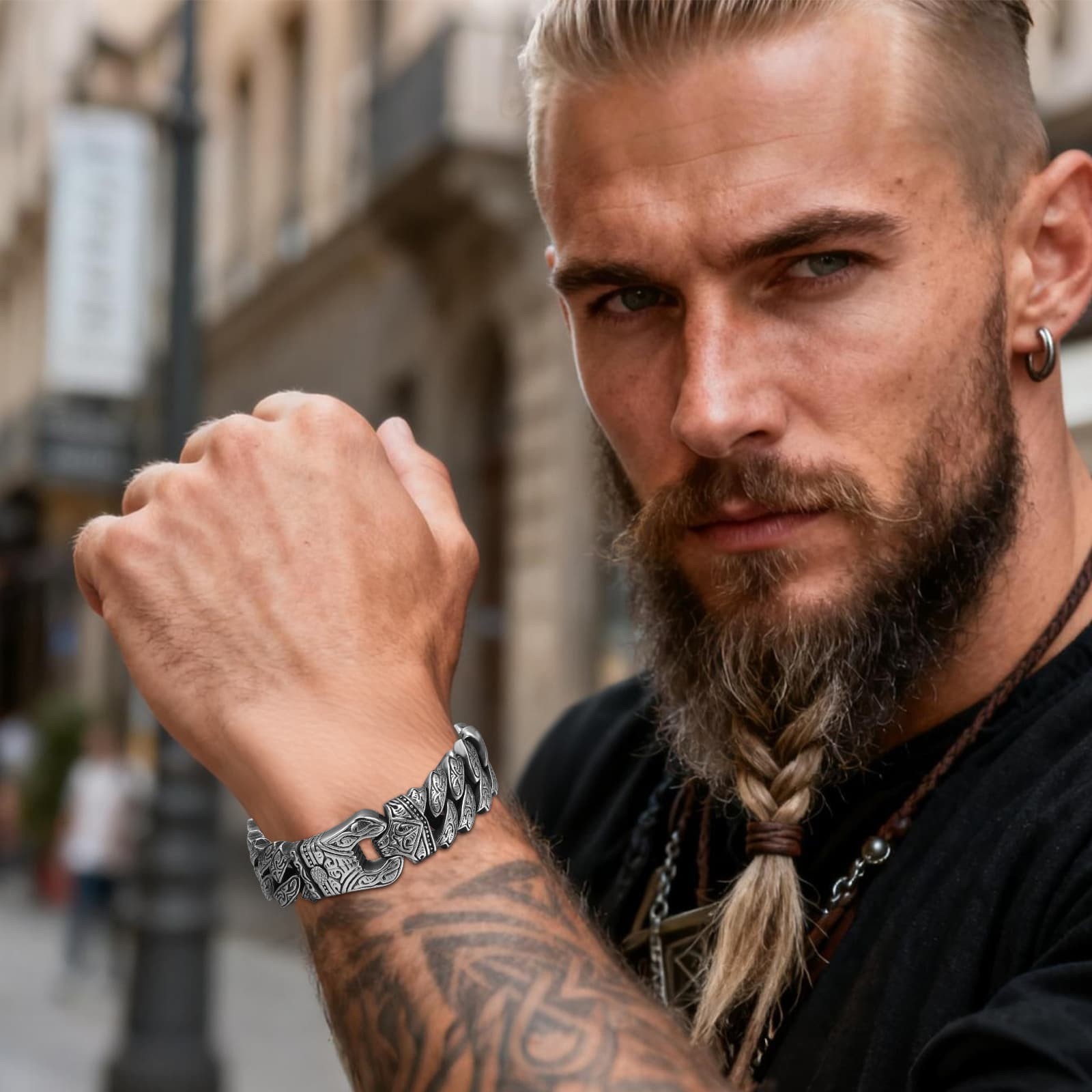 Men Viking Norse Symbols Tribal Medieval Warrior Heavy Stainless Steel Bracelet