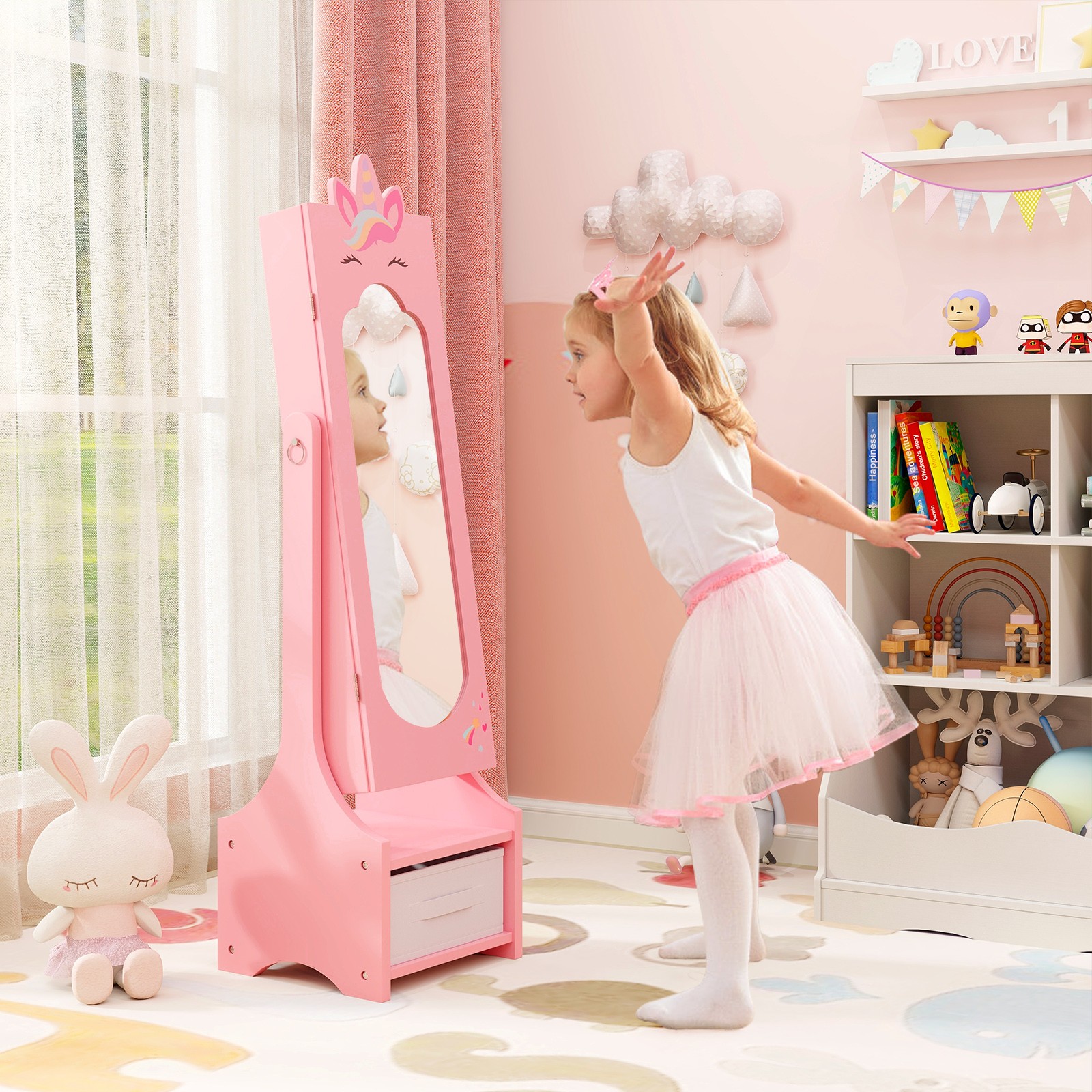 Kids Vanity Set Princess Makeup Dressing Table and Chair Set w/ Jewelry Armoire
