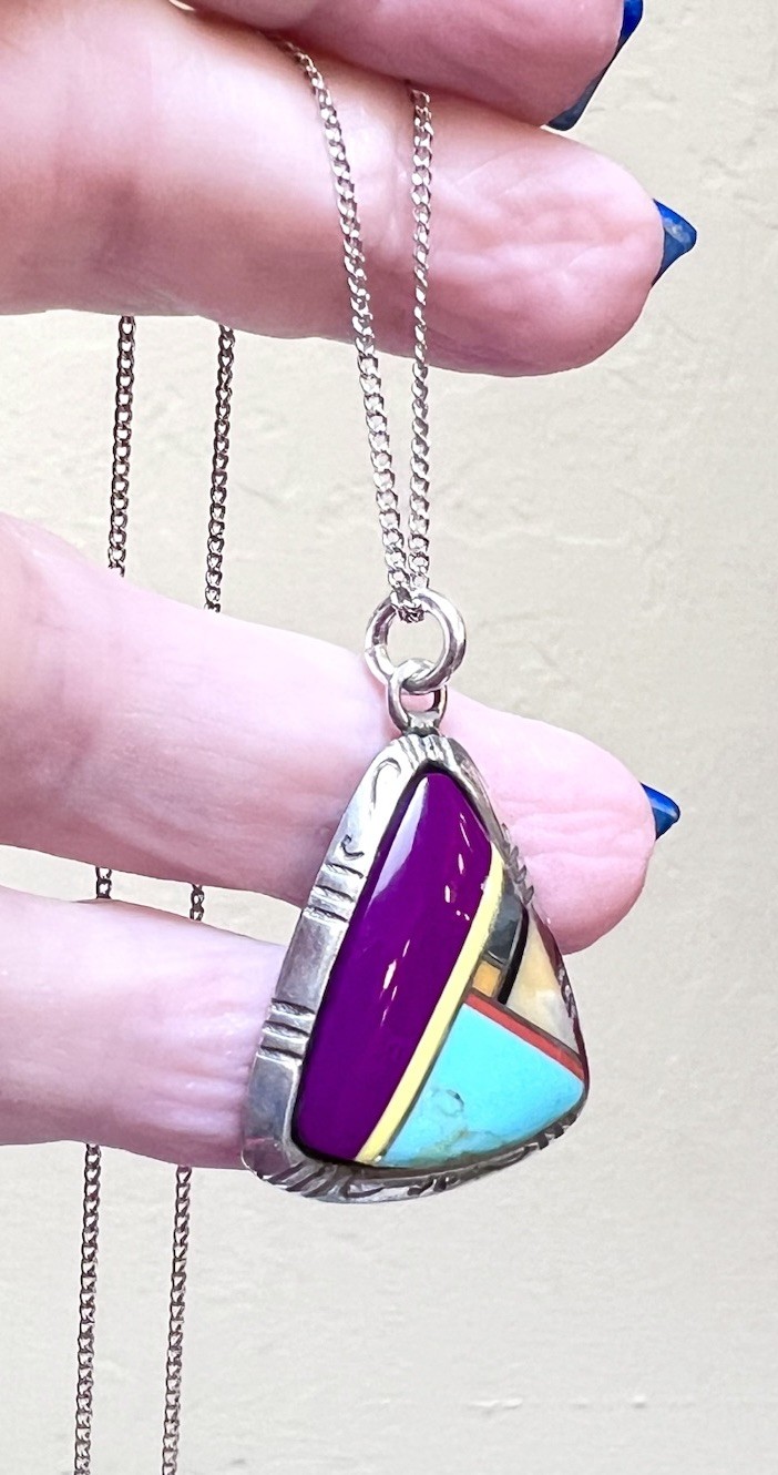 LOVELY Southwest Artisan Sterling Silver Turquoise, Sugilite, Etc Inlay Necklace
