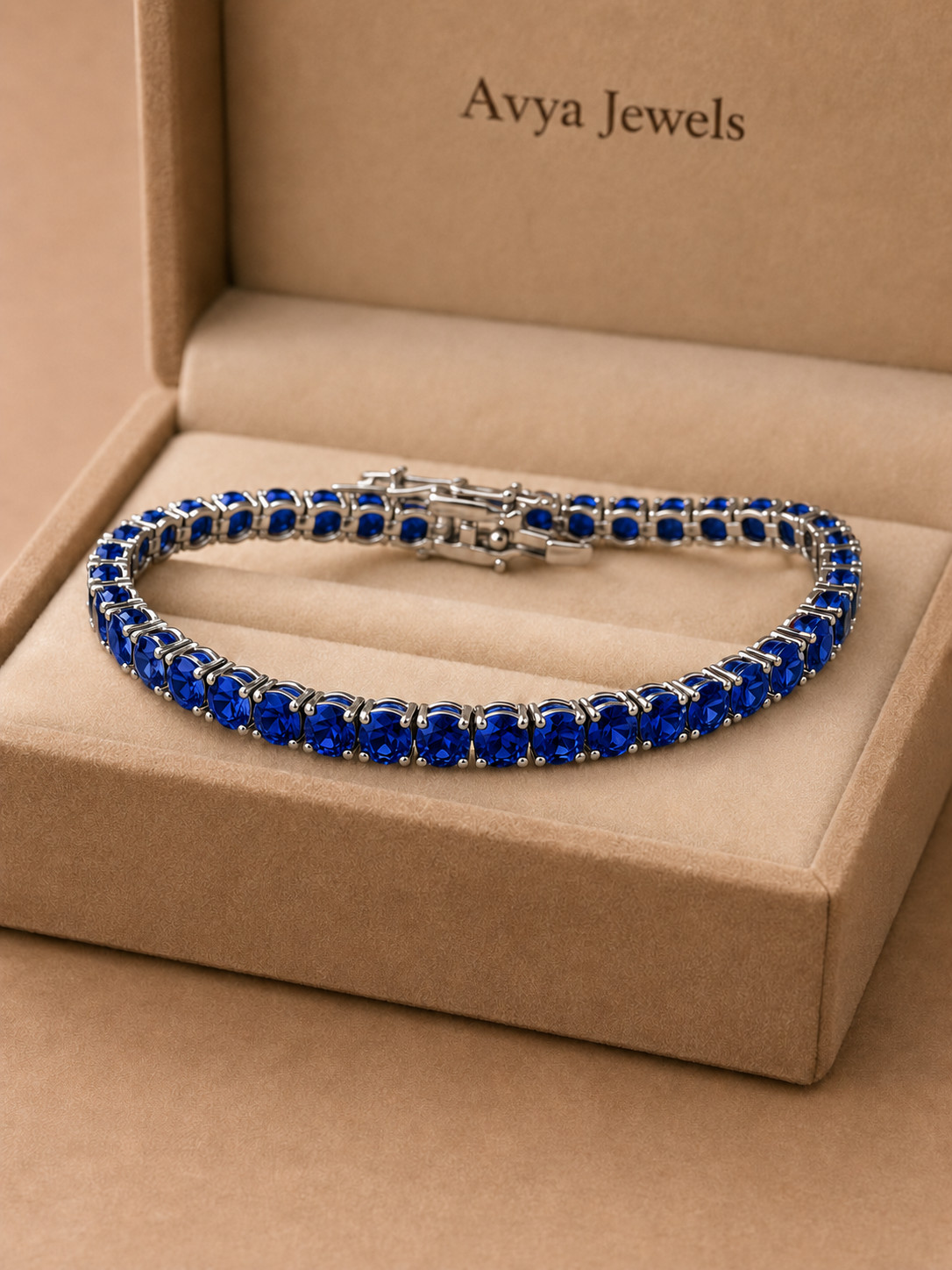 5.00MM Round Blue Sapphire Tennis Bracelet 925 Silver 14k White Gold Plated