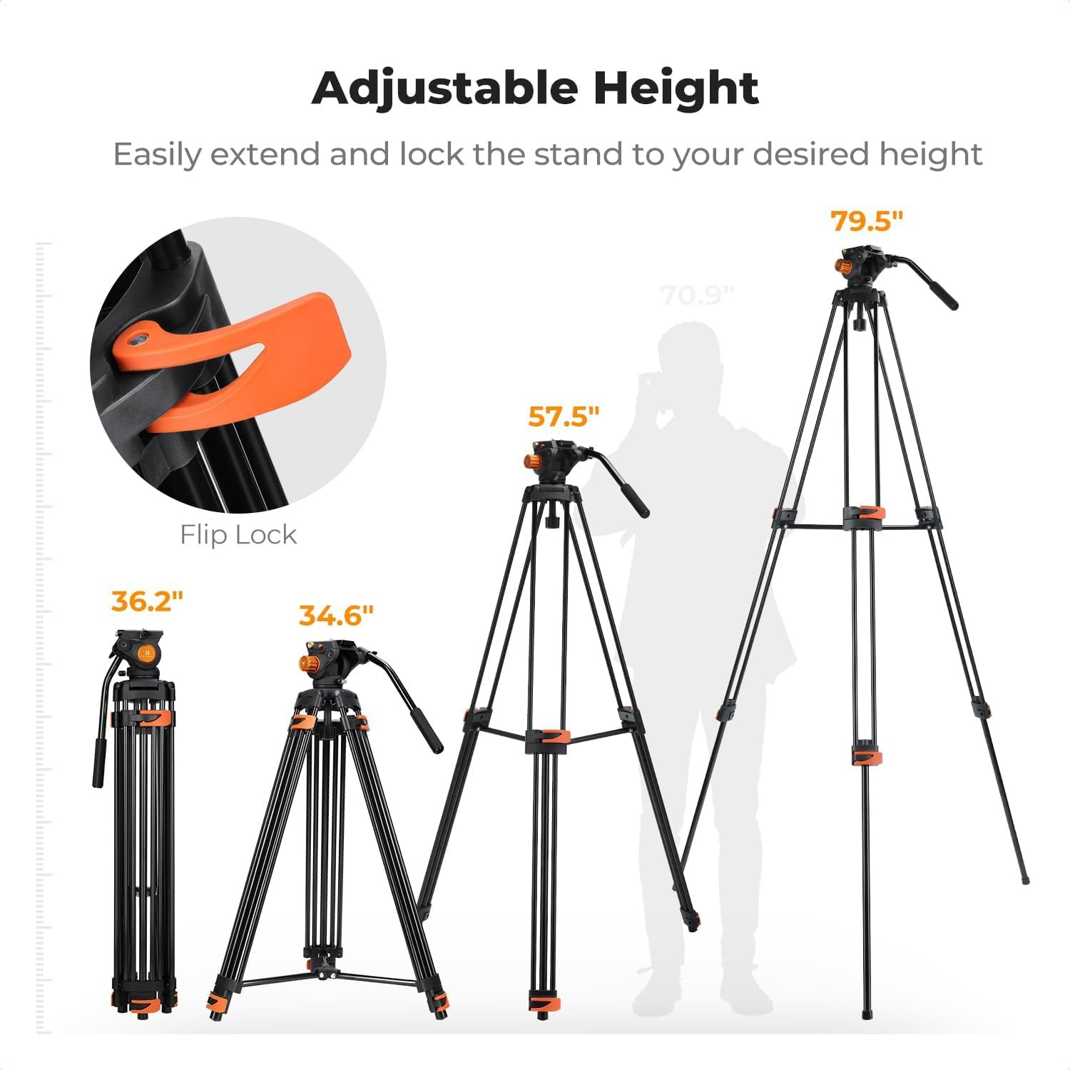 80″ Video Tripod with Fluid Head | Heavy Duty Aluminum Tripod, Smooth Damping, Q