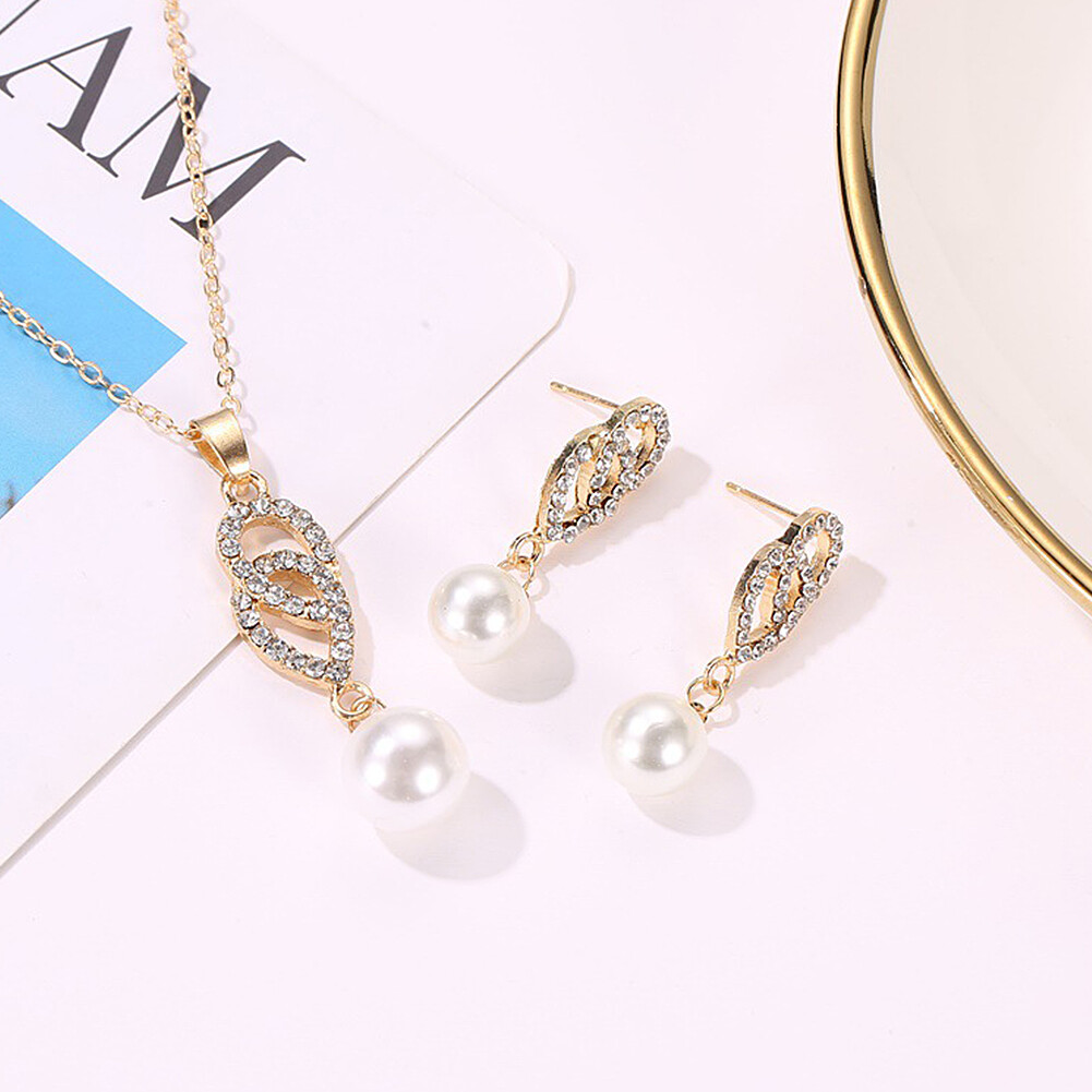 US 2 Pcs Pearl Rhinestone Crystal Peacock Themed Necklace + Earrings Jewelry Set
