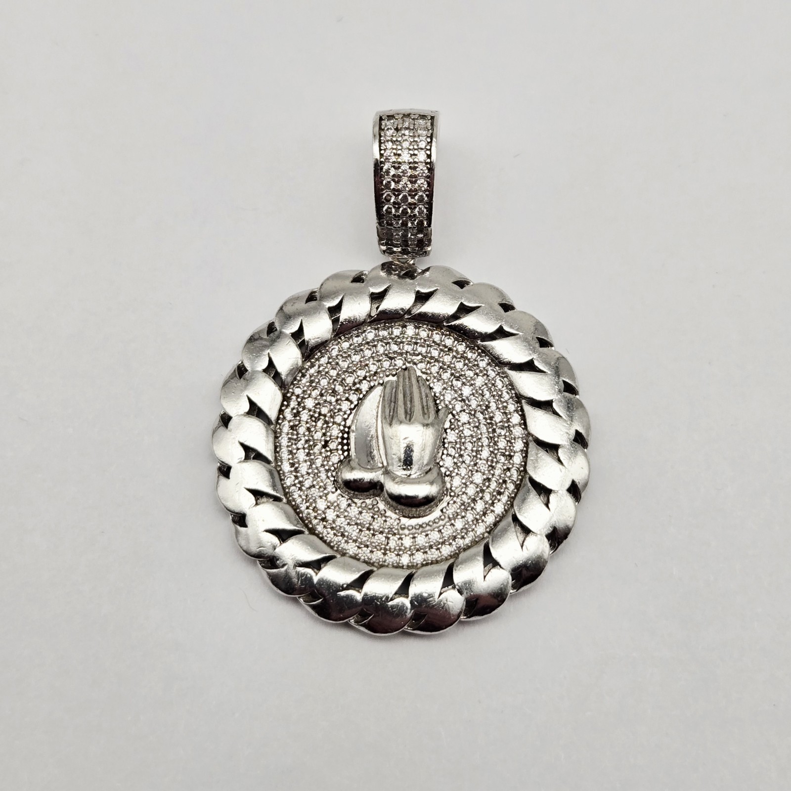 Sterling Silver Praying Hands Pendant – Round Iced Medallion – 10.7g Cuban Link