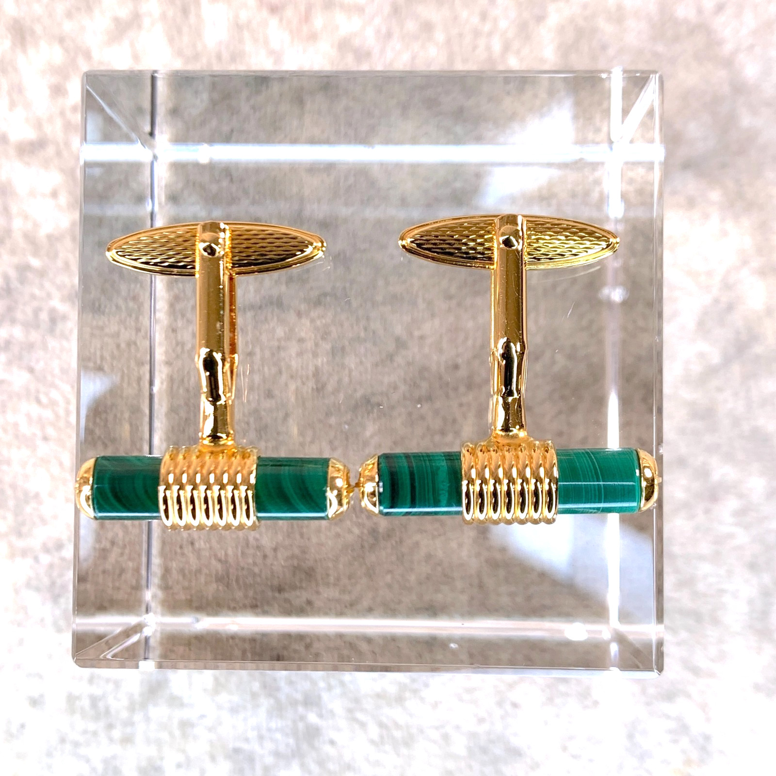 Vintage Dunhill Cufflinks & Tie Bar Clip Cylinder Malachite Gold Finish w/Box