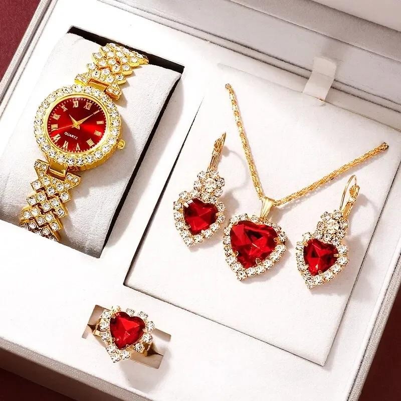 Women 4 Jewelry Set Watch & Bracelet & Ring & Earrings & Necklace Fashion Gift
