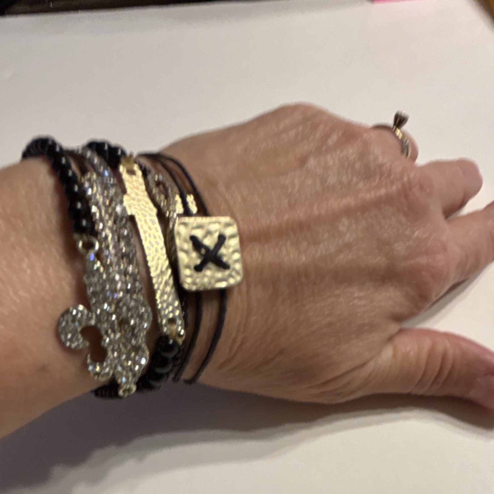 Stackable Bracelet Set Beaded Charm Bangle Cuff Black Silver Gold Metal Cord 7in