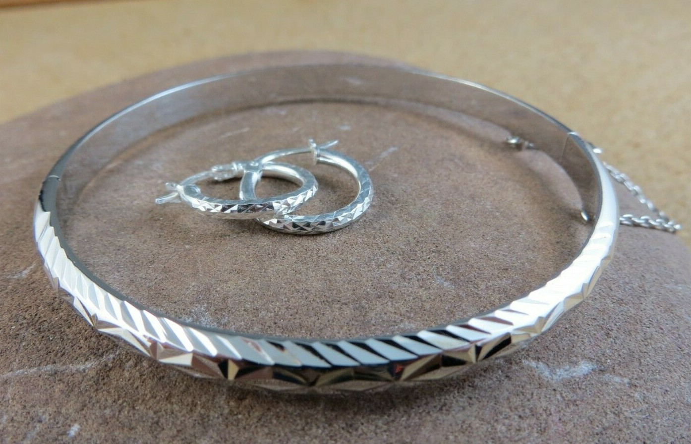 Etched Sterling Silver Hinged Bangle Bracelet & Latch back Hoop Earrings #209