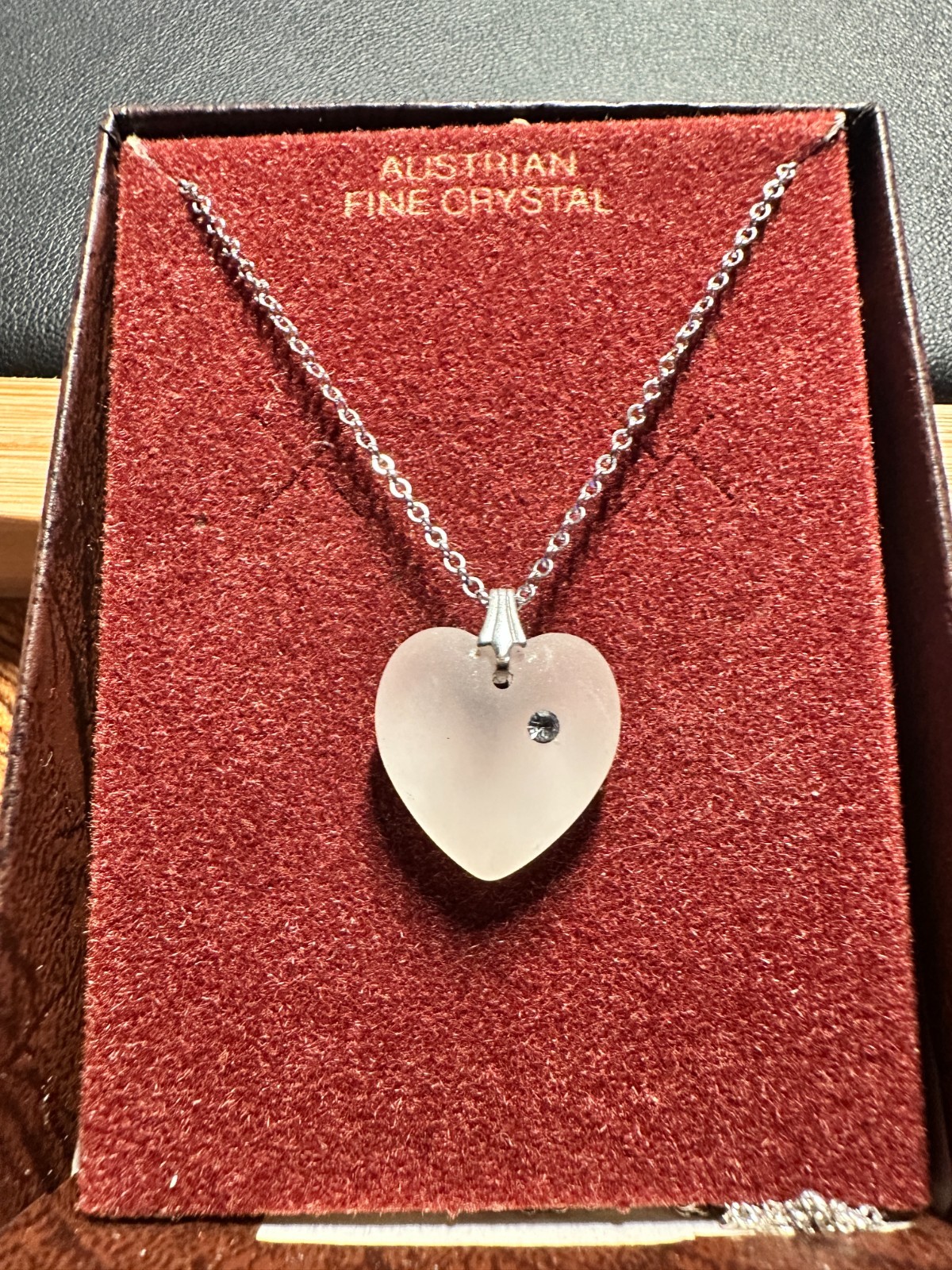 Austrian Fine Crystal Frosted Glass Heart Pendant Necklace Silver Tone