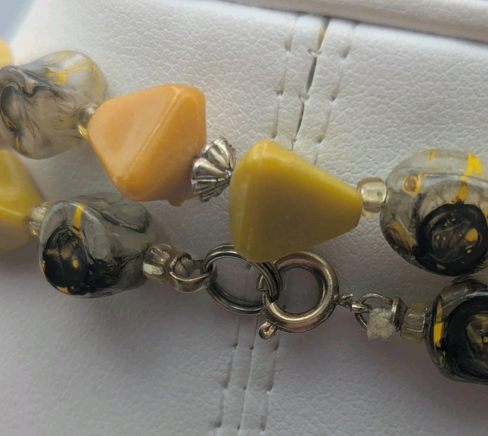 48 Inch Bead Necklace Acrylic Yellow Orange & Marbled Black Gray
