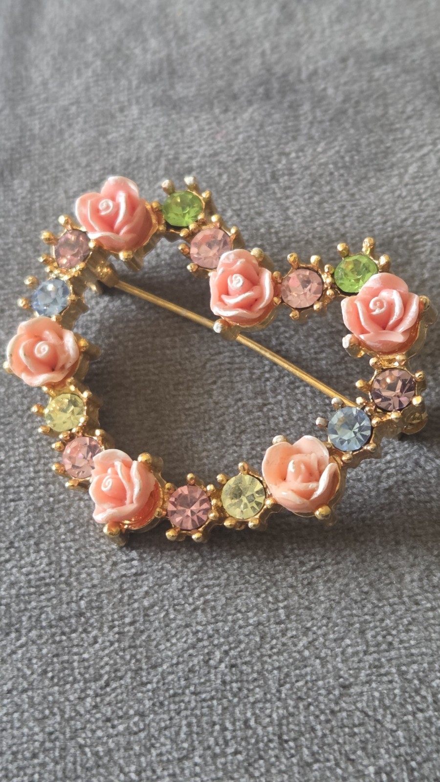 Avon Pink Rose Rhinestone Wreath Brooch