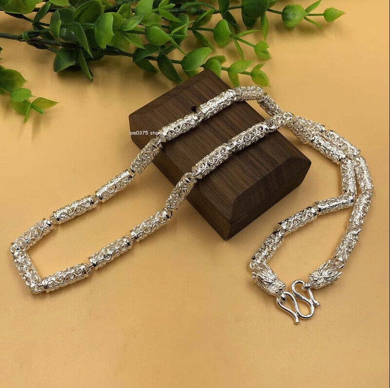 Pure 999 Fine Silver Chain 6mm Dragon Head Propitious Cloud Tube Beaded Necklace