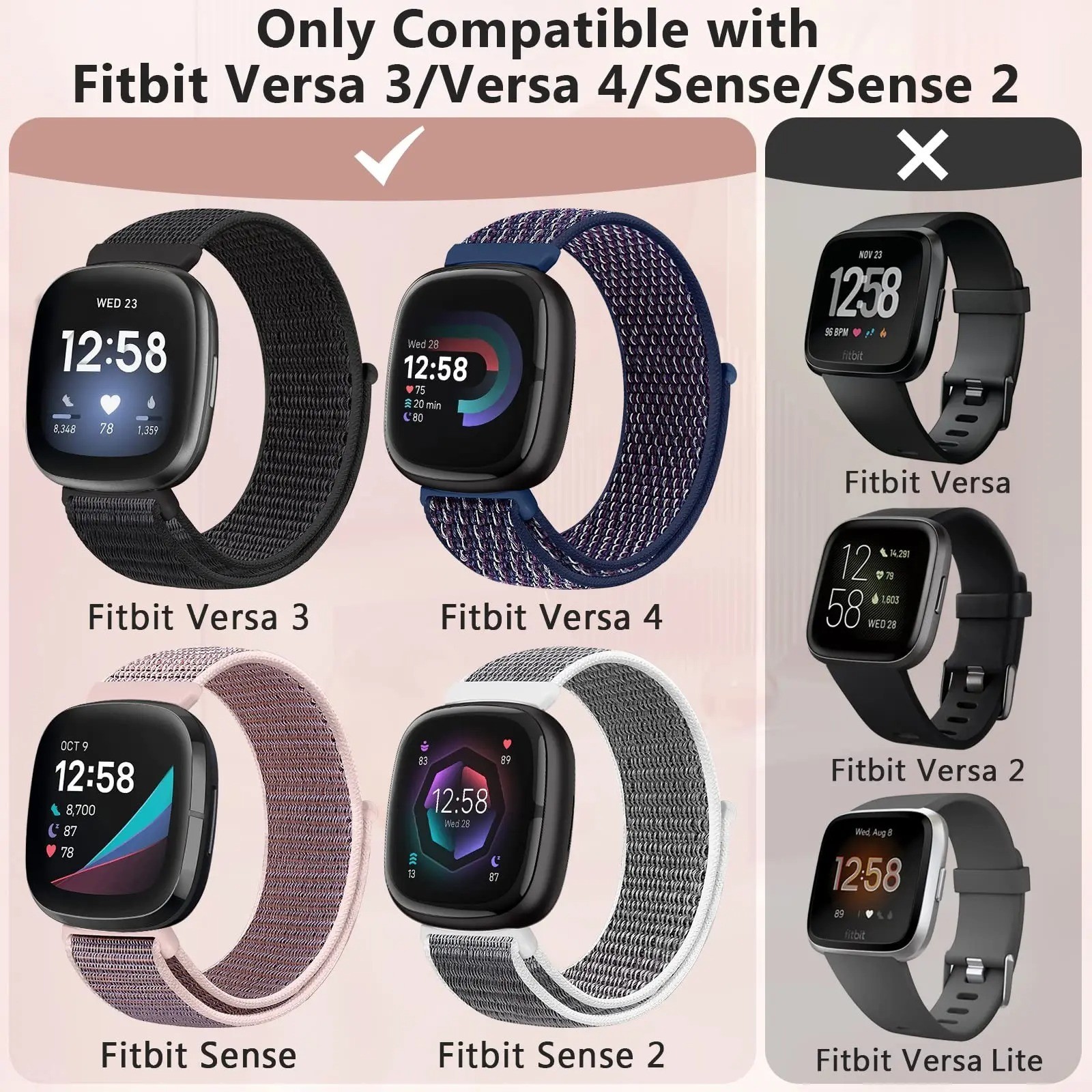 Woven Nylon Strap Sport Wristband Watch Band For Fitbit Versa 4 /3