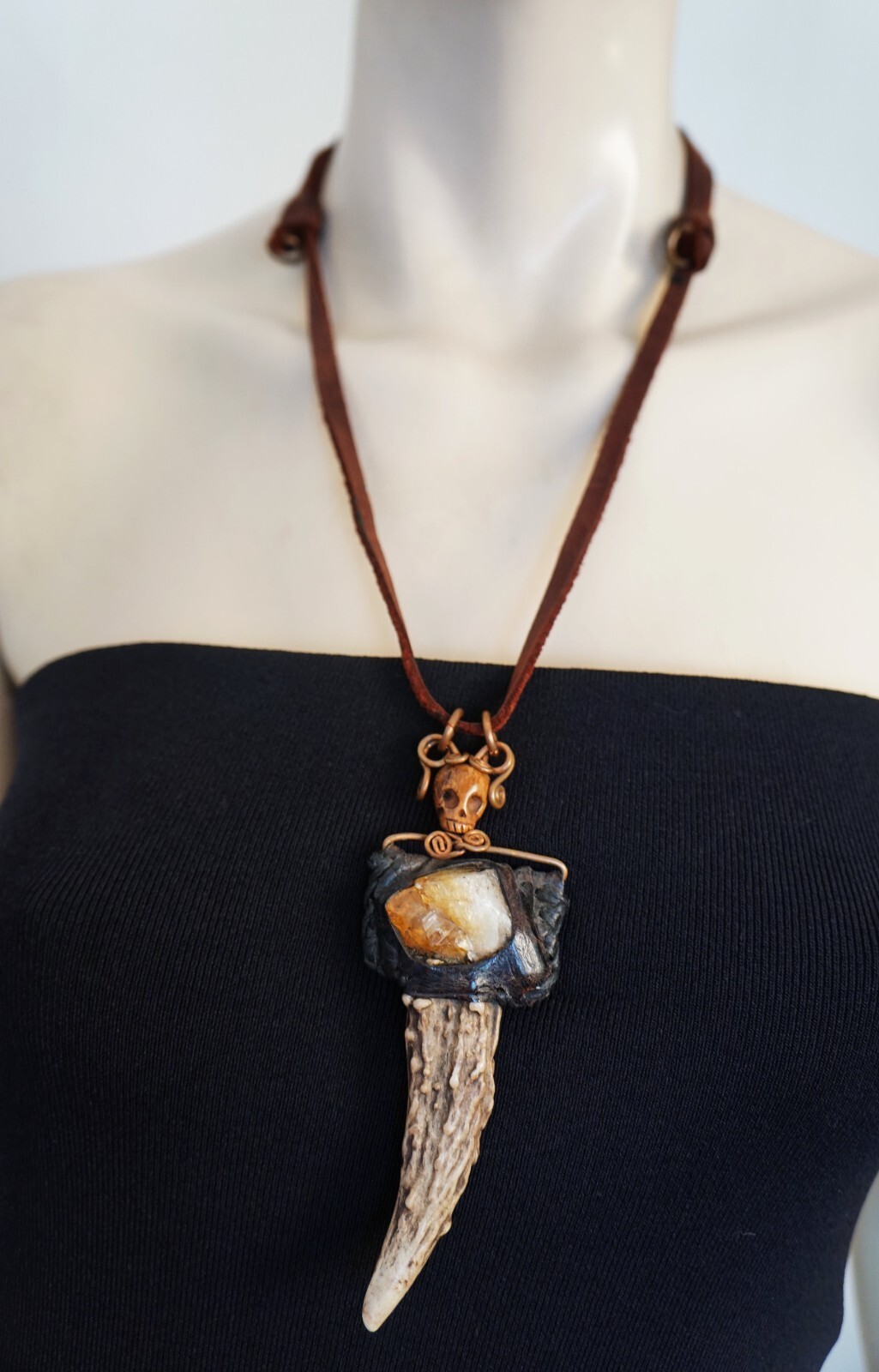 Artisan Crafted Statement NECKLACE with Skull, Talon, Izida Gem Stitched Leather