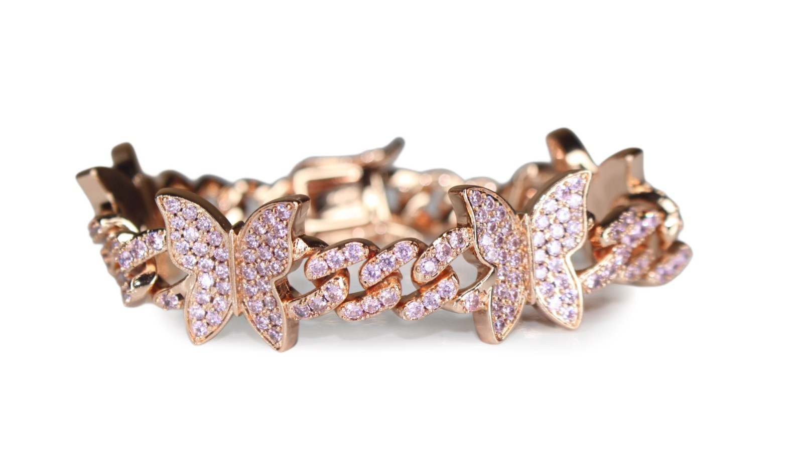 14k STAMPED 8mm BUTTERFLY Rose Gold 12.6ct VVS Lab Sim PINK Diamond Bracelet