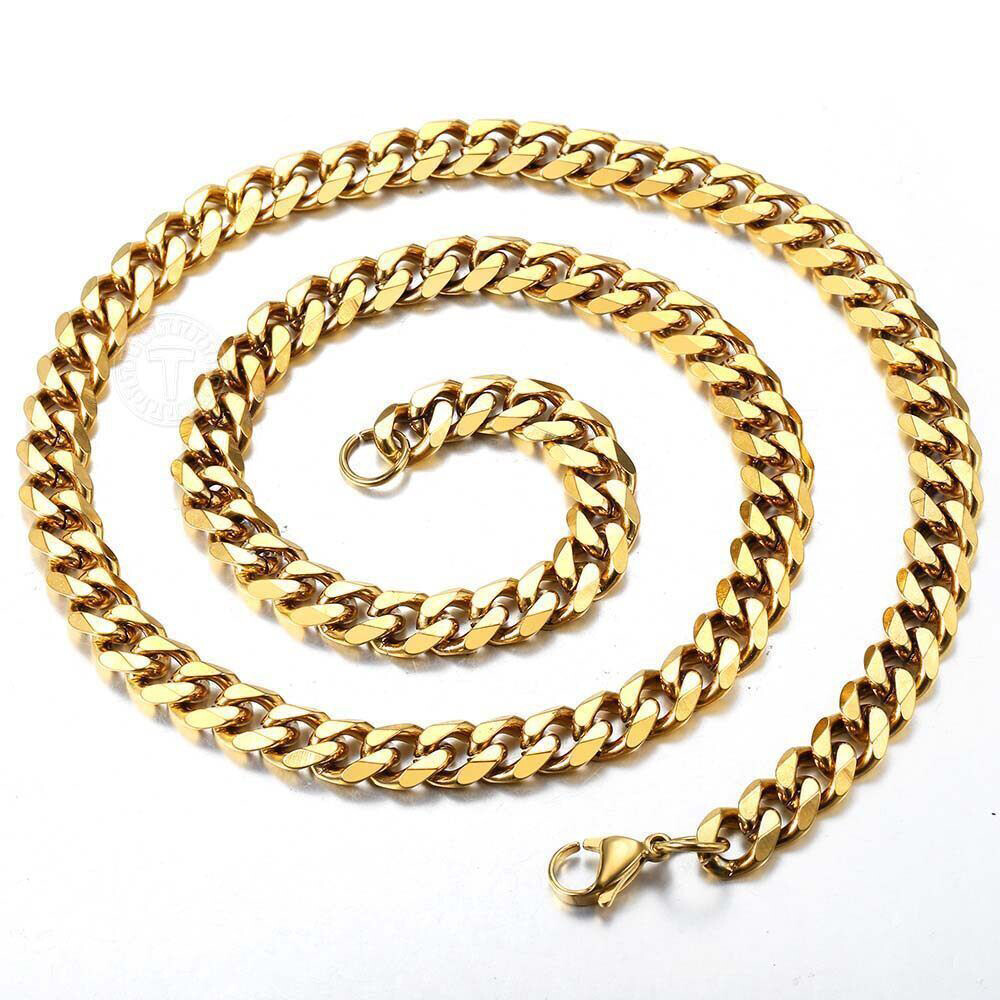14K Gold Plated Stainless Steel Cuban Curb Chain Necklace Bracelet 3/5/7/9/11mm