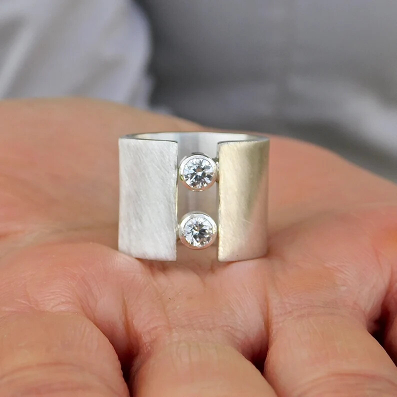 Crystal 925 Sterling Silver Wide Band& Statement Ring Handmade Ring All size