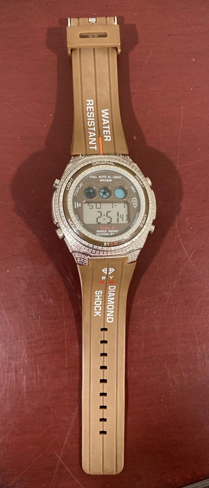 King Master Men’s Digital Brown Diamond Shock Watch KM528 Chron Date New Battery