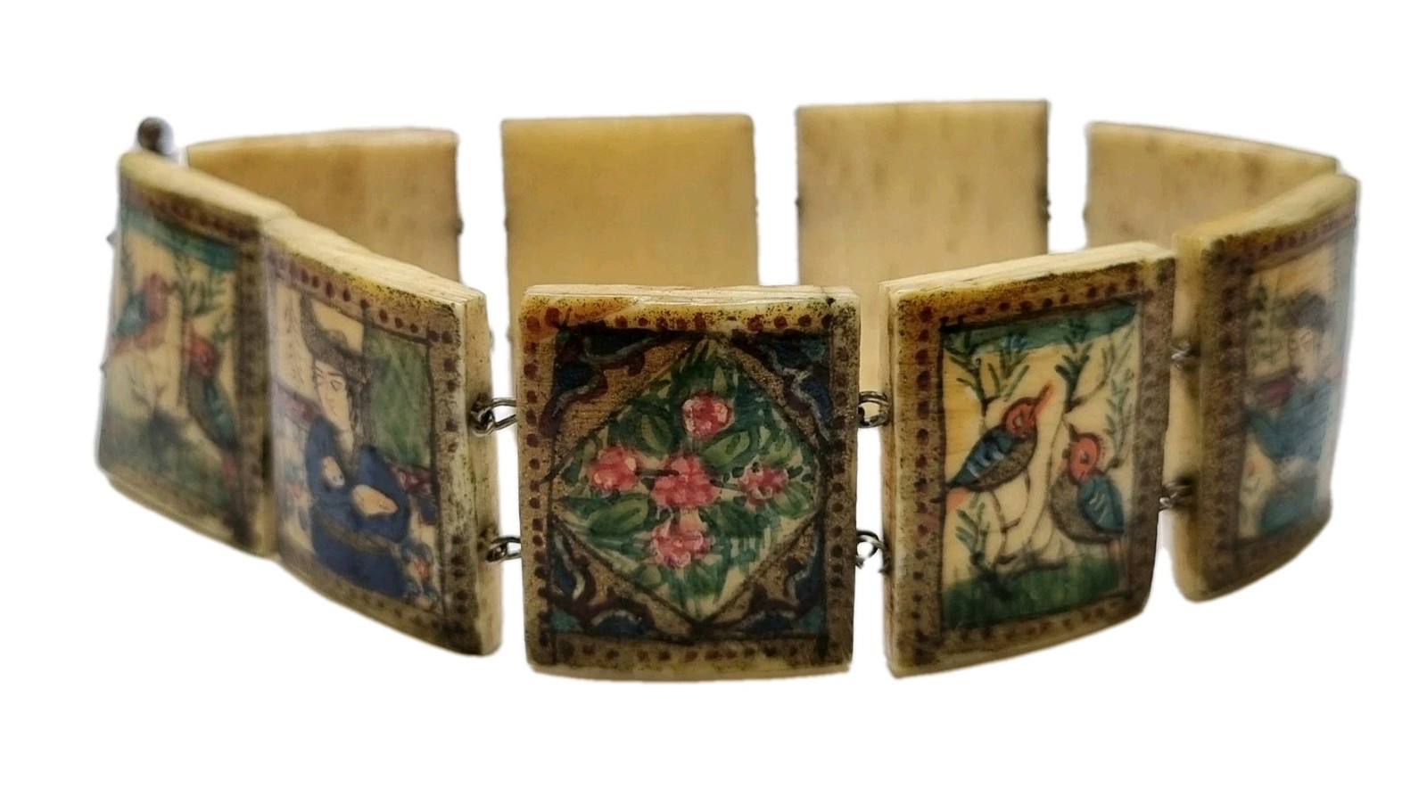 Antique Eastern European Folk Art Bone Panel Bracelet, Sterling Silver, c.1900