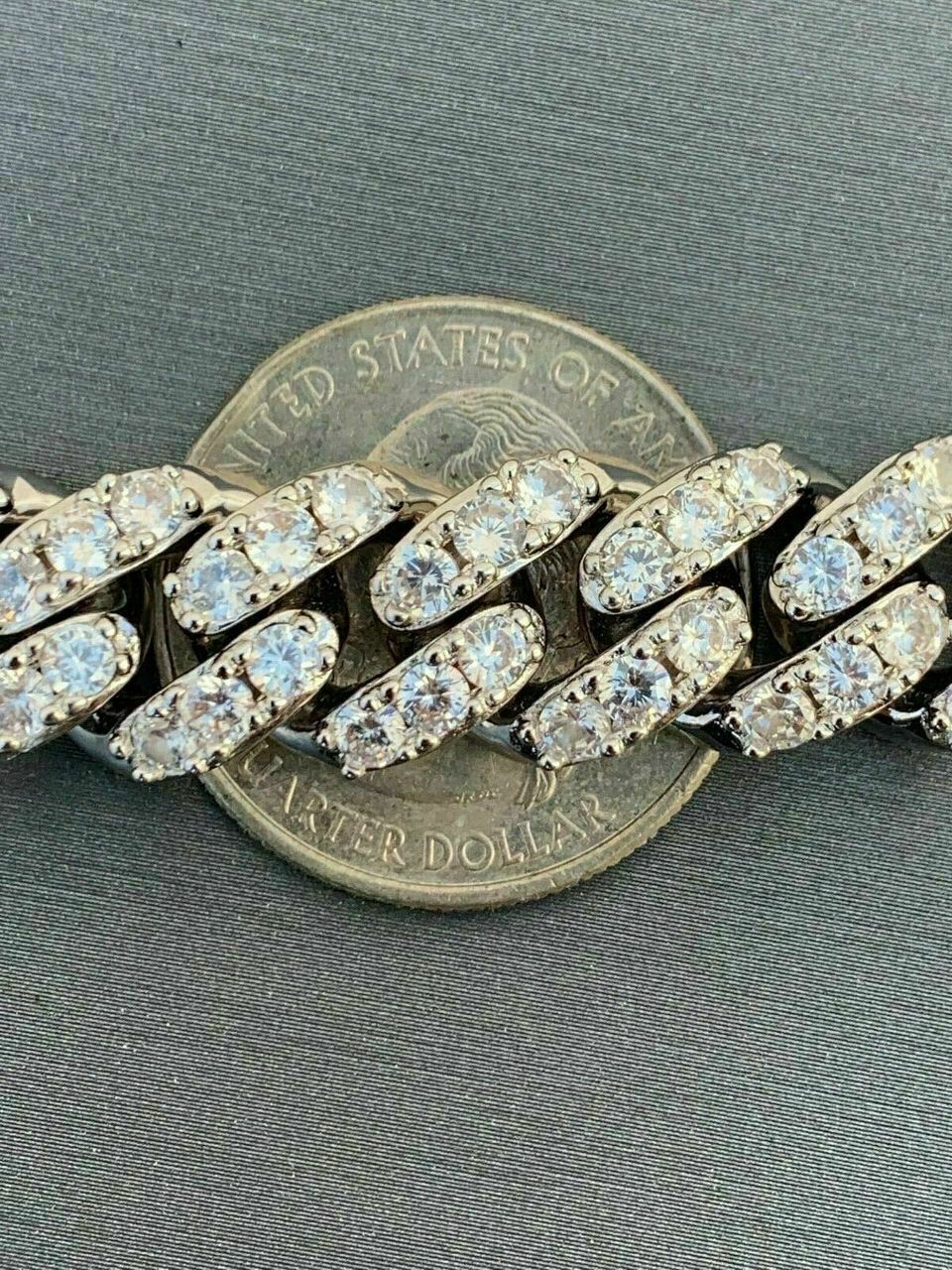 925 Silver Mens Miami Cuban Bracelet Real Iced Moissanite Passes Tester HEAVY