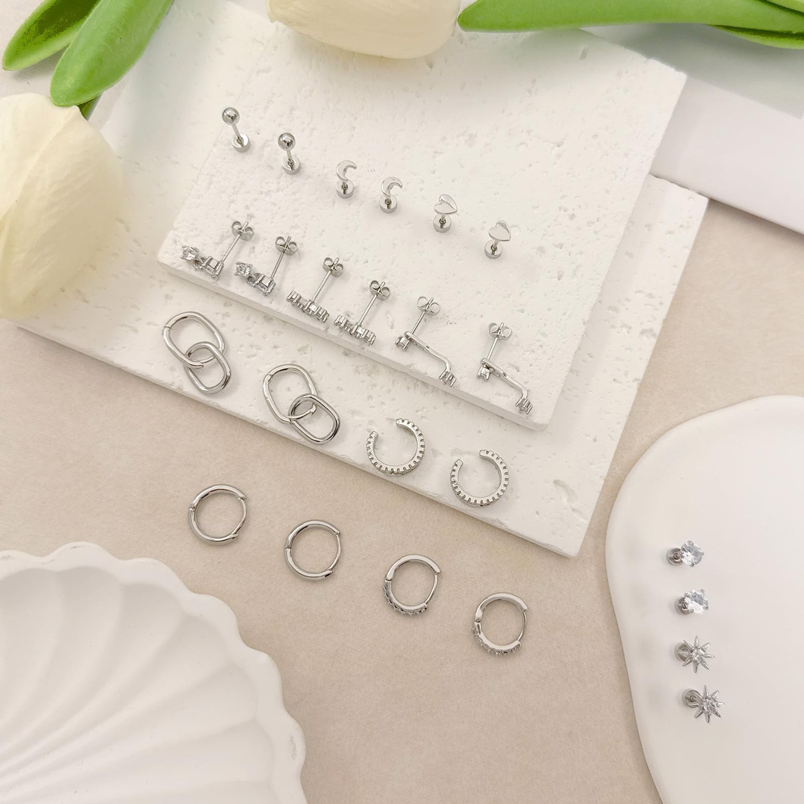 12 Pairs Hypoallergenic Flat Back Earrings for Women 14K Gold Cartilage Earring