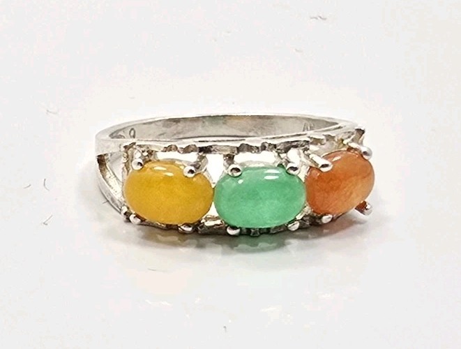 Vintage Avon Sterling Silver 925 Green Orange Yellow Jade Ladies Ring Size 6.25