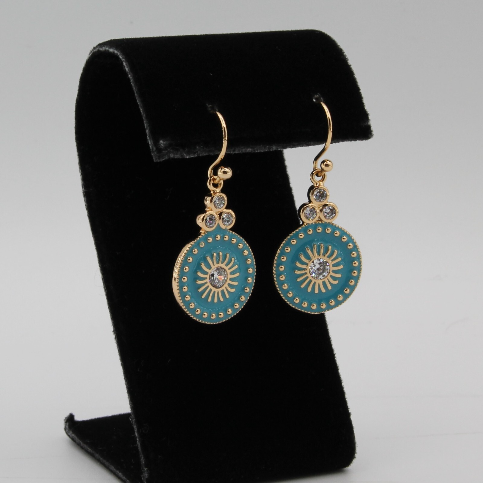 18ct Gold Plated Dangle Ligh Blue Round Hook Earrings With White CZ Non Allergic