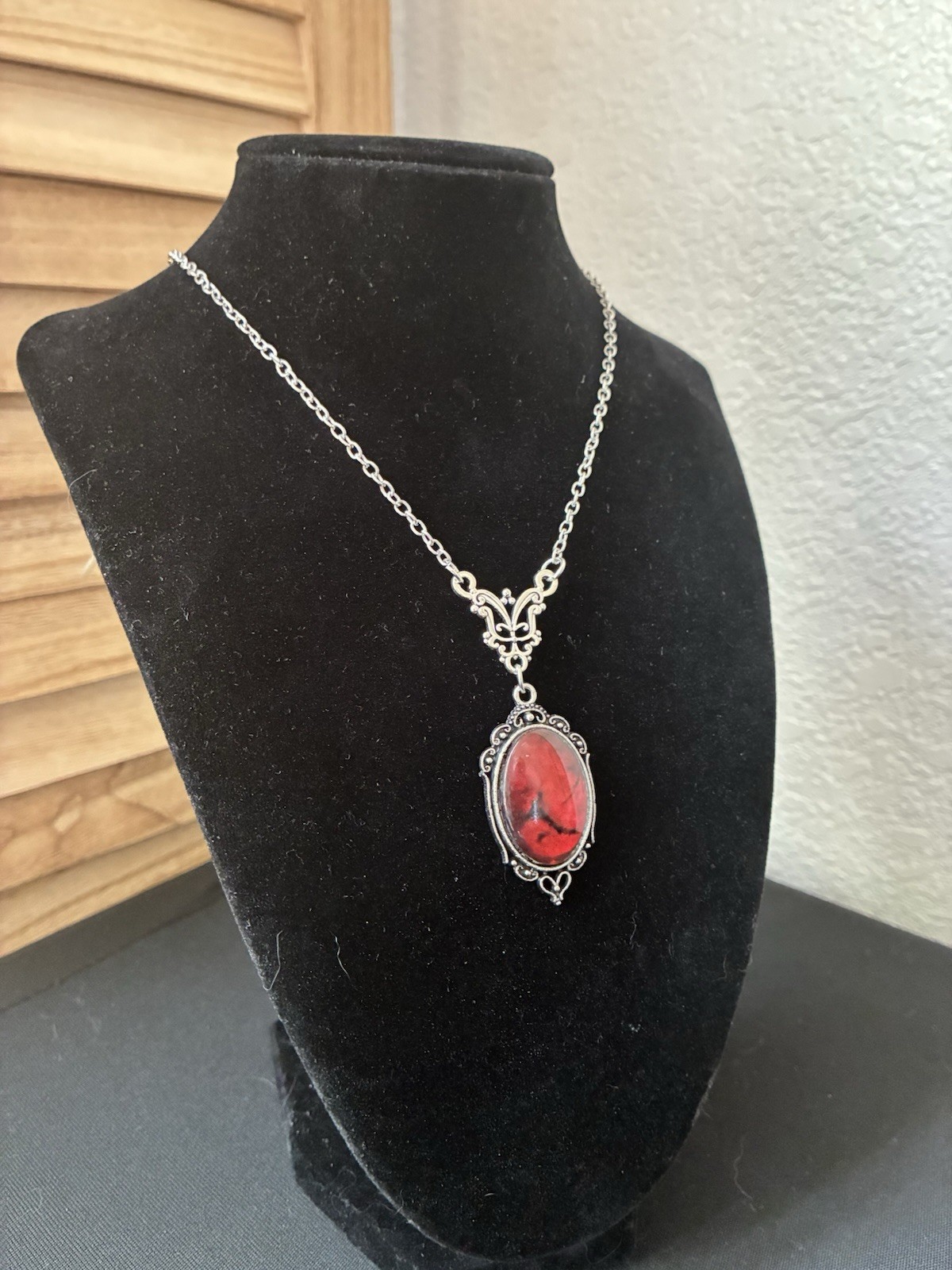 Silver Tone Cable Chain Necklace Red Oval Cabochon Bezel Pendant Charm