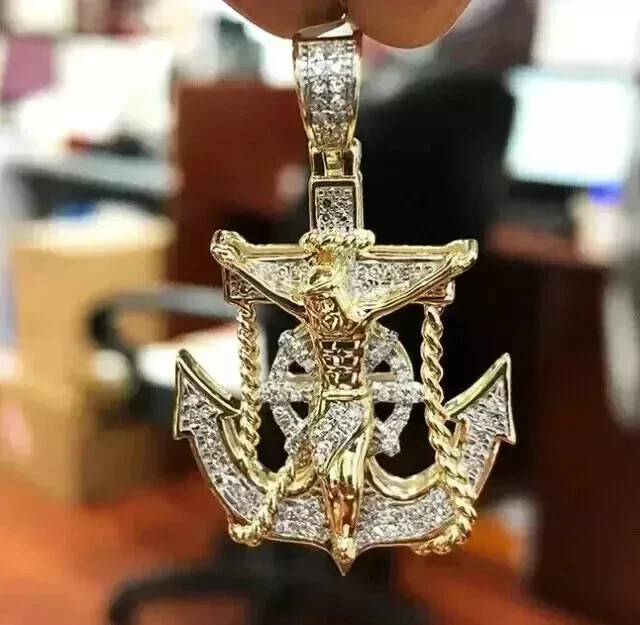 14K Yellow Gold Plated 3.Ct Round Moissanite Jesus Cross Mariner Anchor Pendant