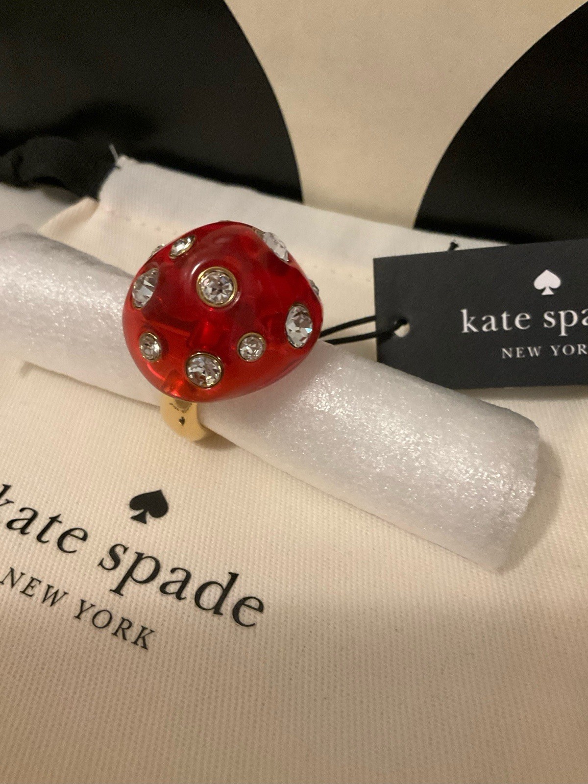 NWT Kate Spade New York Forest Pop Mushroom 12k Gold Plated CZ Crystal Ring Sz 7