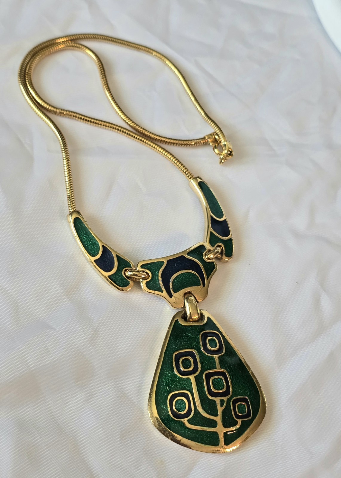 Vintage 1970s Blue & Green Enamel Gold Tone Collar Necklace, made in Thailand