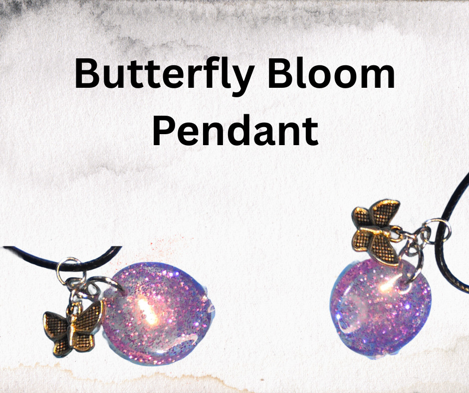 Handmade Butterfly Resin Pendant Necklace Round Silver Charm Black Cord 18″