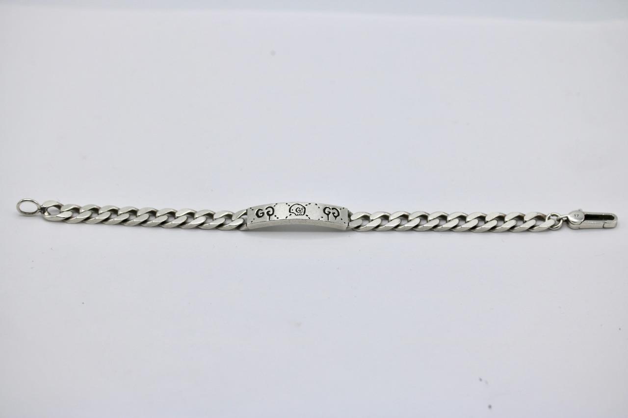 Authentic 925 Sterling Silver Men’s Gucci Ghost Bar ID Curb Link Bracelet
