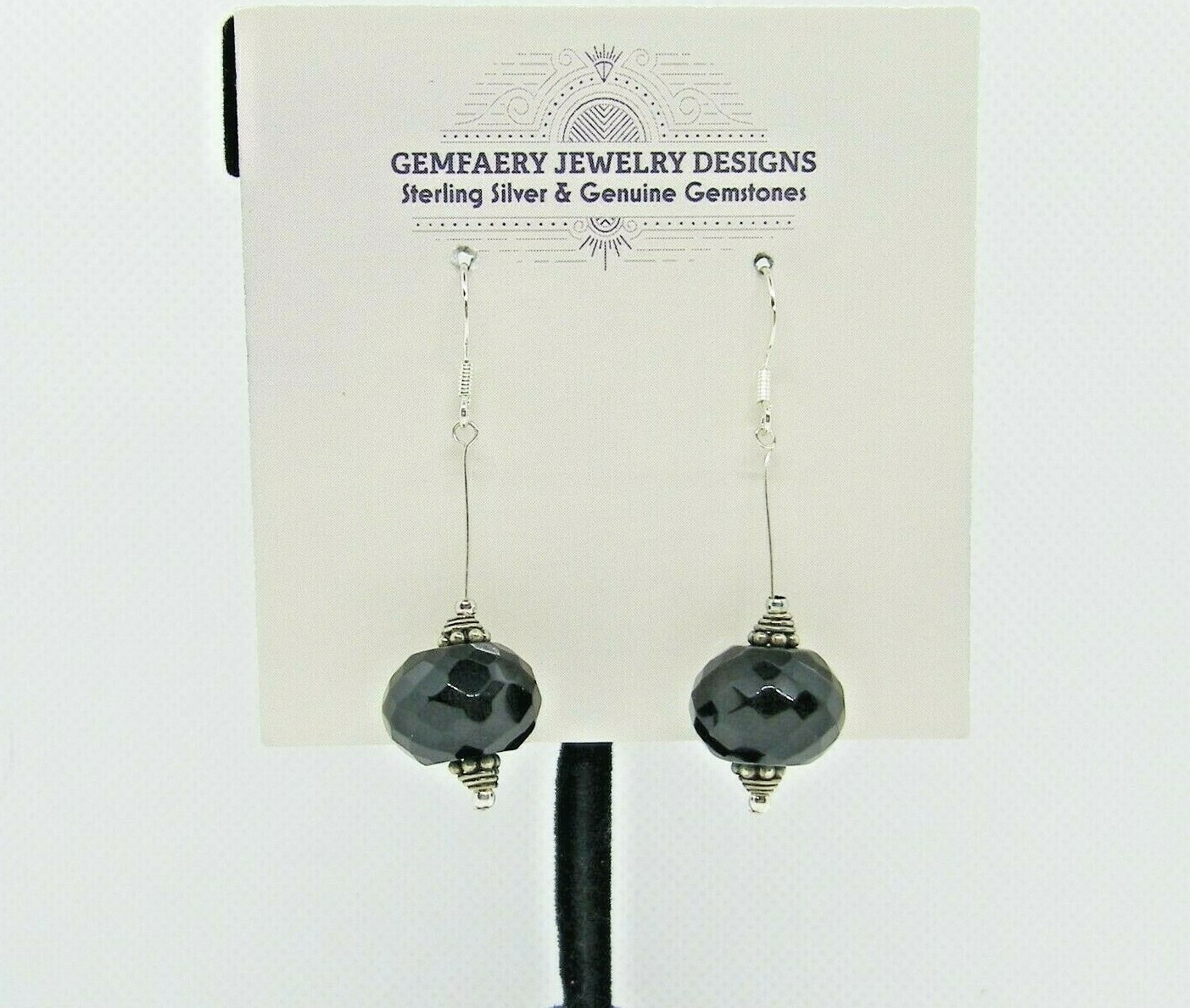 Sterling Silver Faceted BLACK ONYX Gemstone Long Dangle Earrings…Handmade USA