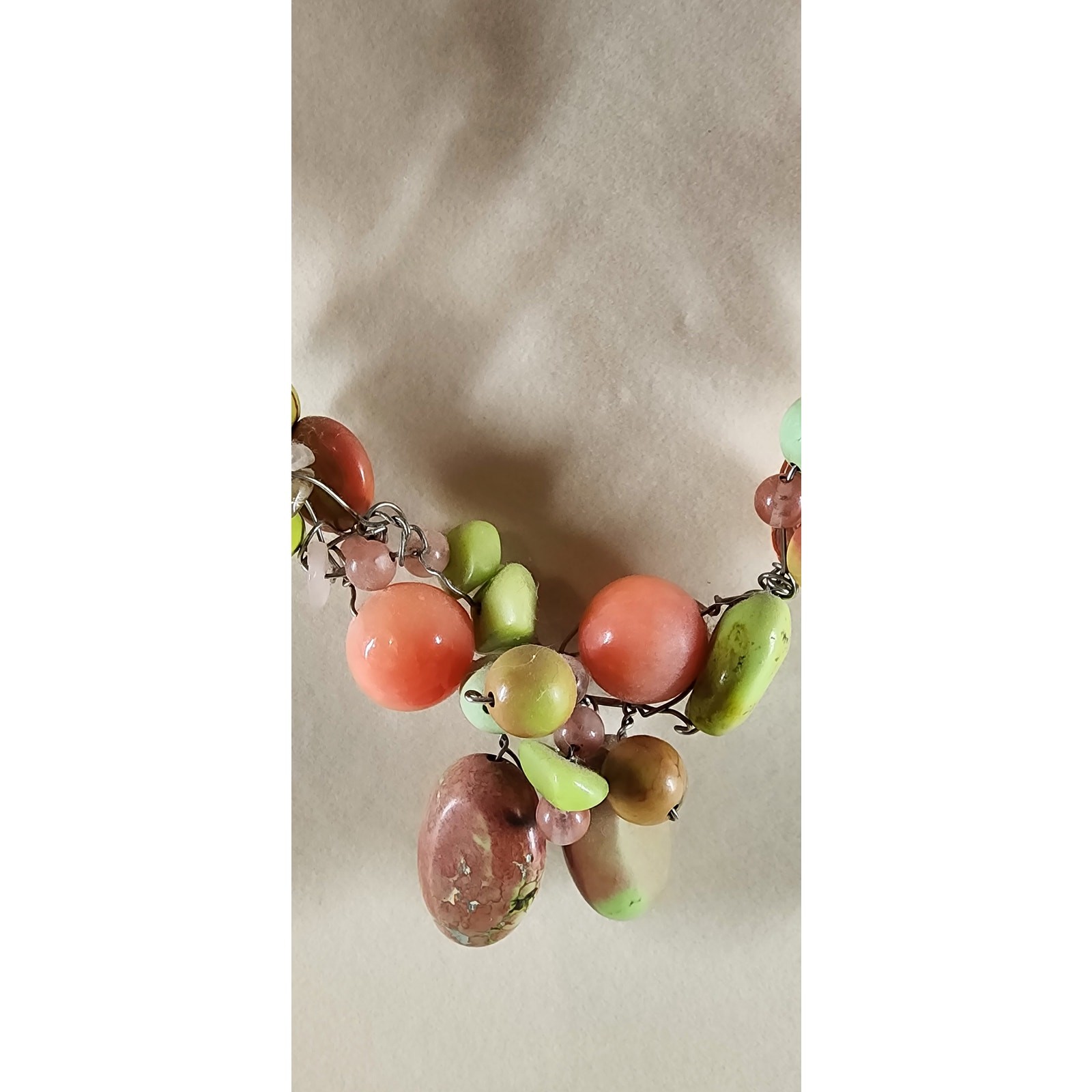 Handmade Artisan Gemstone Beaded Necklace Earring Set Pink Green Wire Wrap 20″