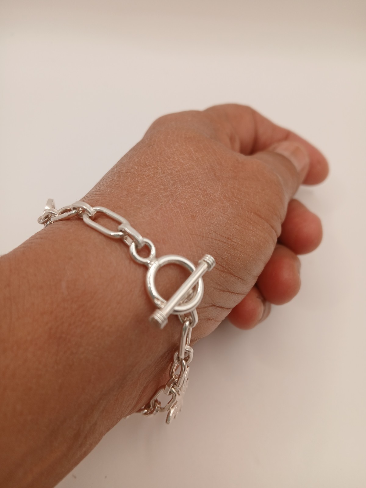 Sterling Silver 925 Link Chain Charm Bracelet Dangle Toggle 7.6-8 in