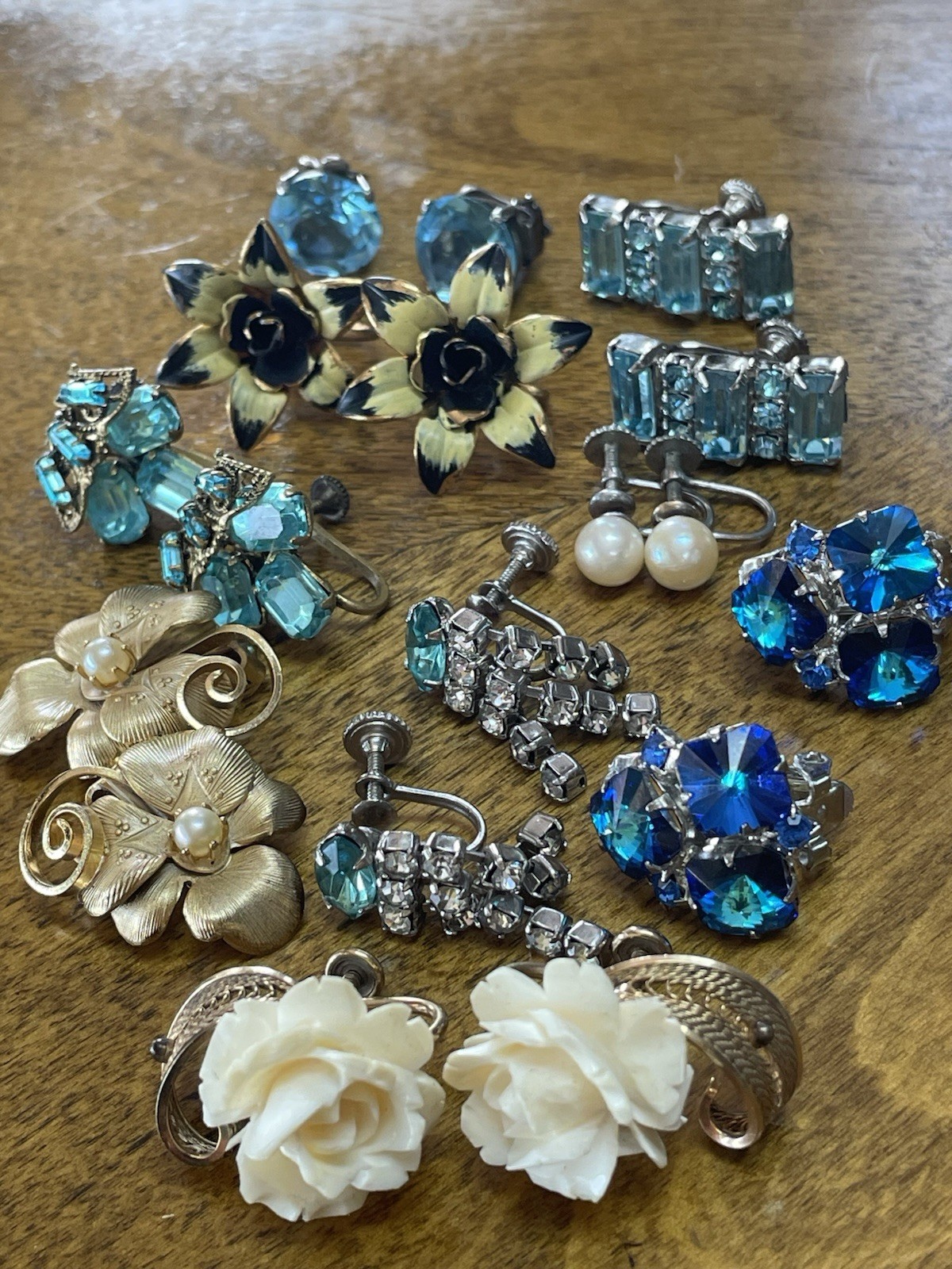 9 Pair Mid Century Clip & Screw On Earrings. Some Signed. Weiss, Star, Etc