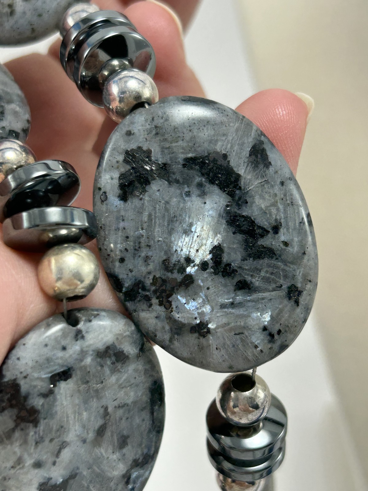 Larvikite Labradorite Hematite Silver Beaded Necklace Handmade Blue Flash Oval