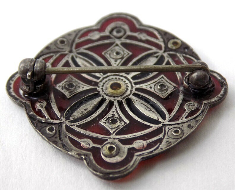 Semi Transparent Garnet Celluloid Pin w’ Open Metal Design Rhinestones 1920’s
