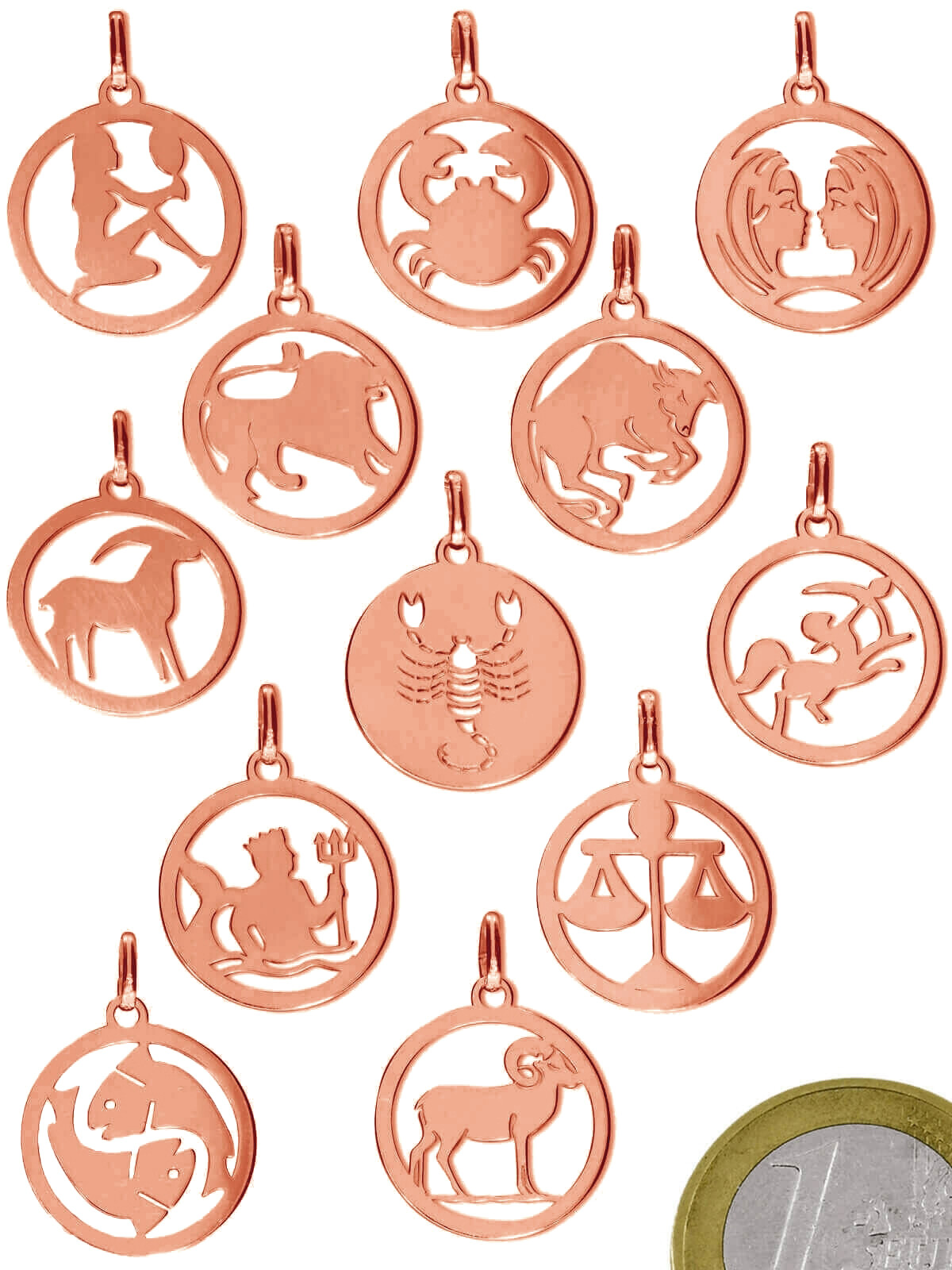 925 REAL SILVER, RED GOLD pl. *** Zodiac Sign Pendant Red Gold Plated 15mm, Chain