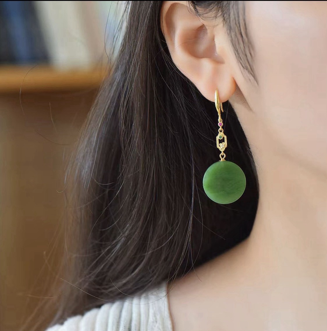 Natural Hetian Jade Jasper Earrings, Approx. 20mm (with certificate)