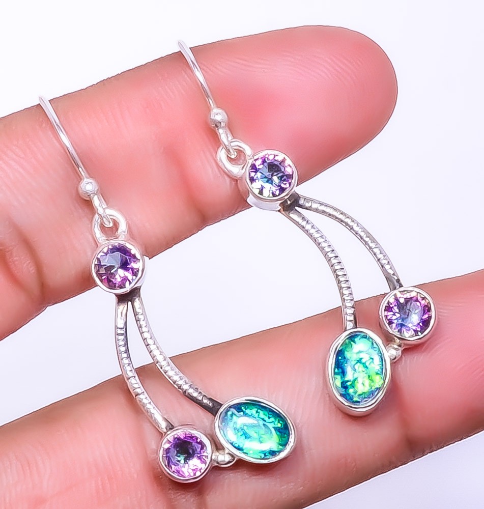 Triplet Fire Opal & Mystic Topaz 925 Silver Earring 1.76″ E55-7