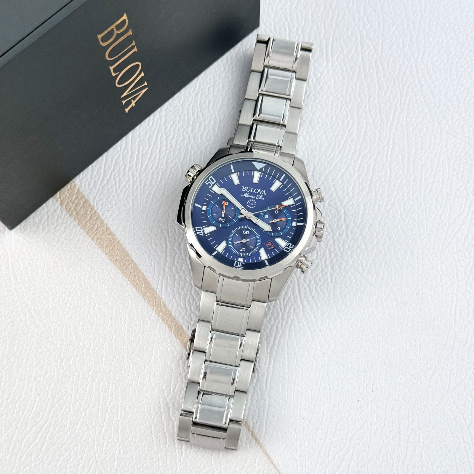 Bulova Men’s Marine Star 43MM Blue Dial Stainless Steel Chronograph Watch 96B256