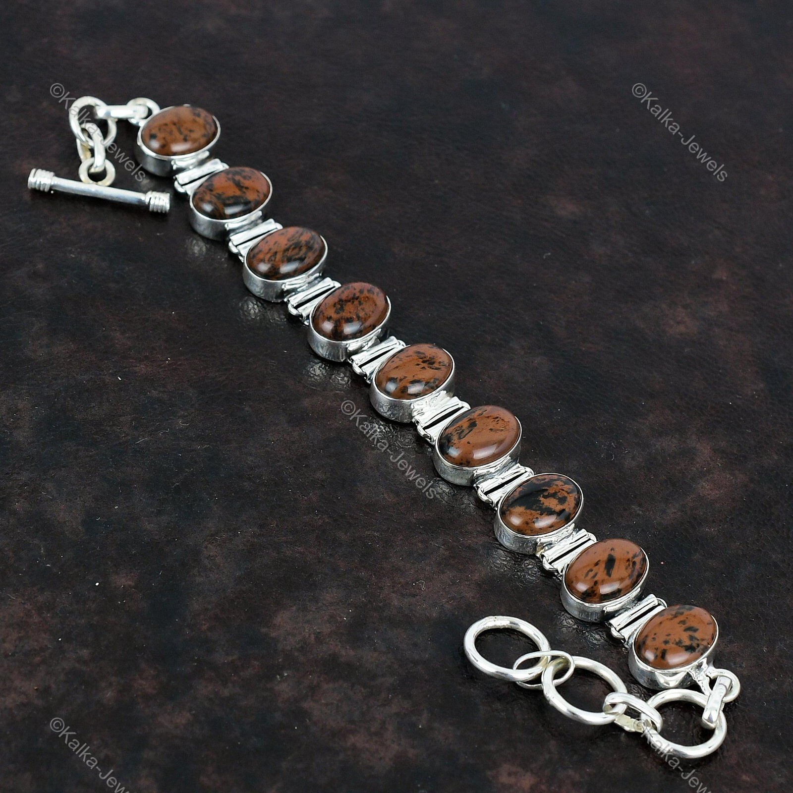 Natural Mahogany Obsidian Gemstone Chain Red Adjustable Bracelet 925 Silver