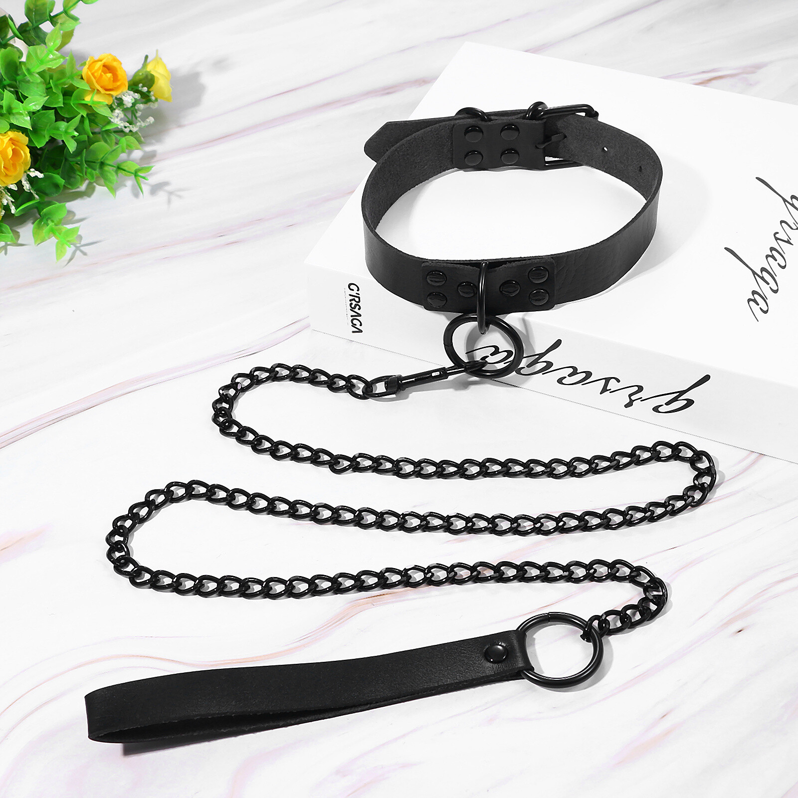 Women’s Gothic Leather Collar Choker Necklace with Detachable Leash Rope Chain